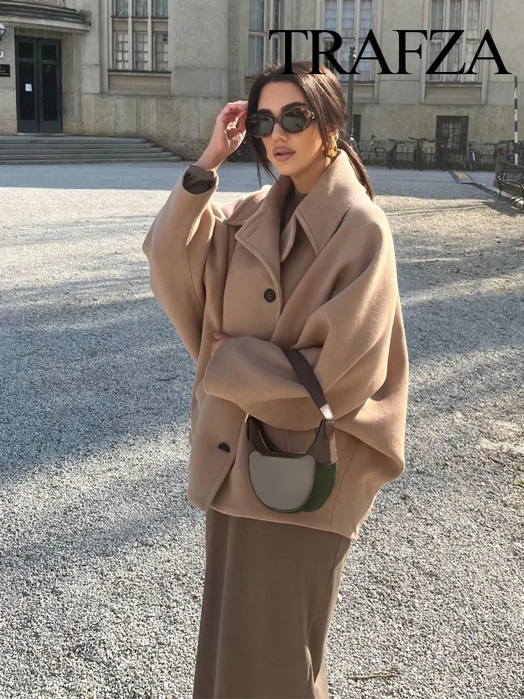 TRAFZA Winter Women's Loose Short Jacket Stand Collar Long Sleeve Button Casual Jacket Women's Wool Blended Khaki Top Y2K 3