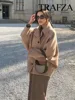 TRAFZA Winter Women's Loose Short Jacket Stand Collar Long Sleeve Button Casual Jacket Women's Wool Blended Khaki Top Y2K 3