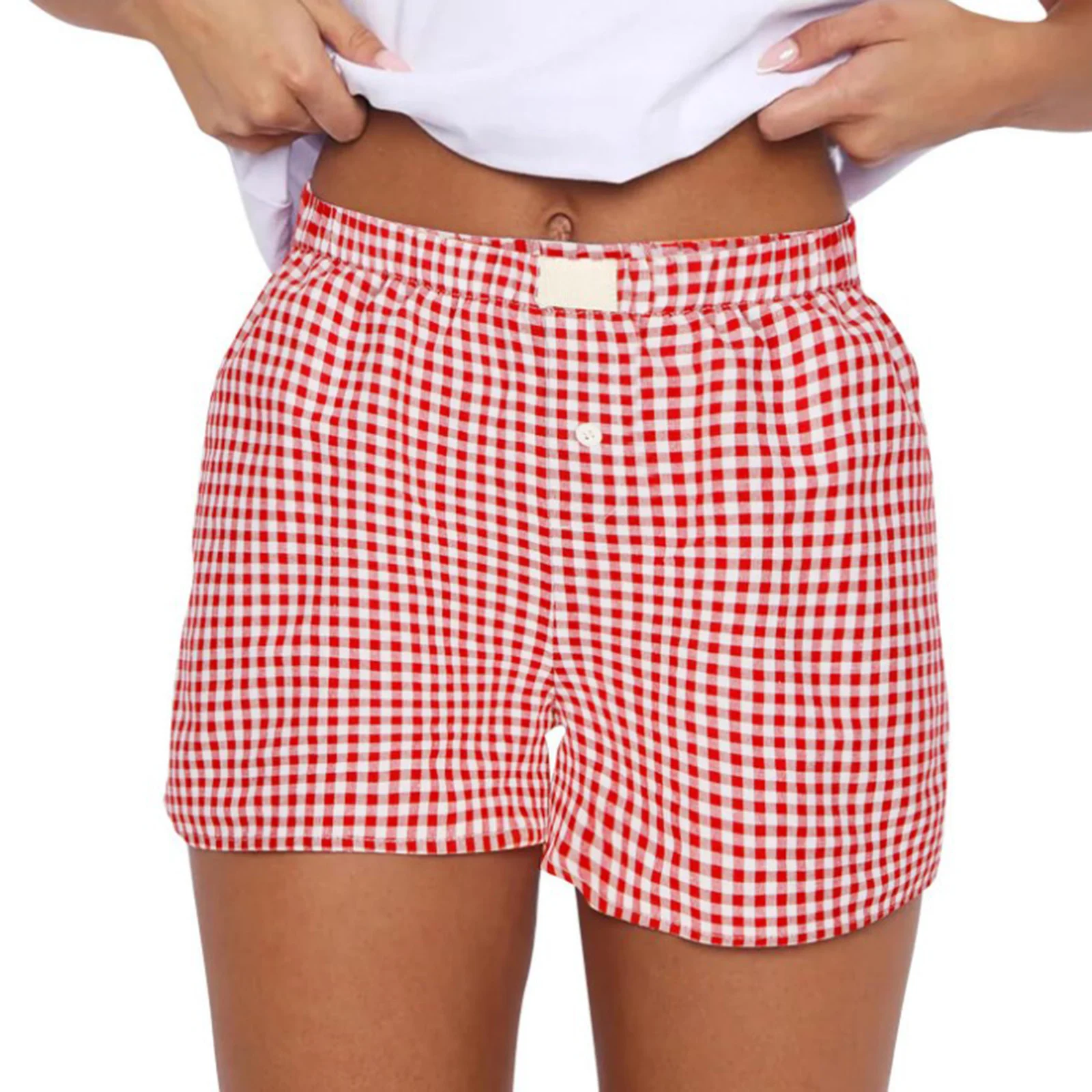 

Womens Stylish Plaid Casual Shorts High Waist Elastic Waistband Panties Shorts Homewear Loungewear Sleepwear Pajama Bottoms