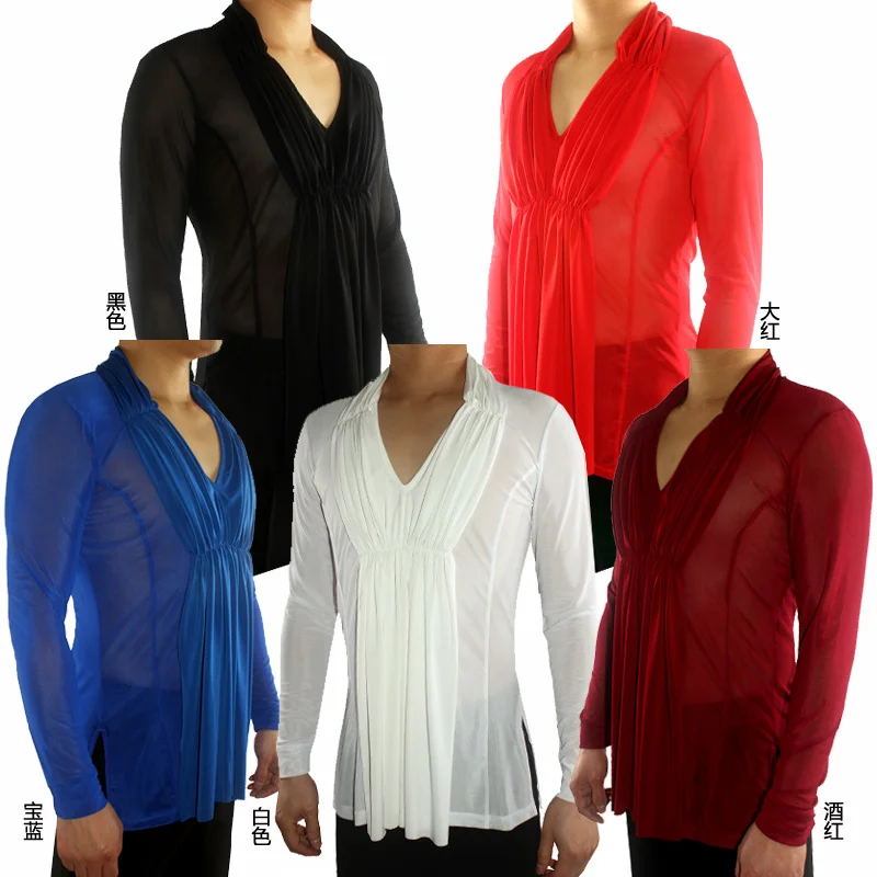 

Latin Dance Shirts Men Net Yarn Transparent Long Sleeve V Collar Male Tango Salsa Competition Performance Wear