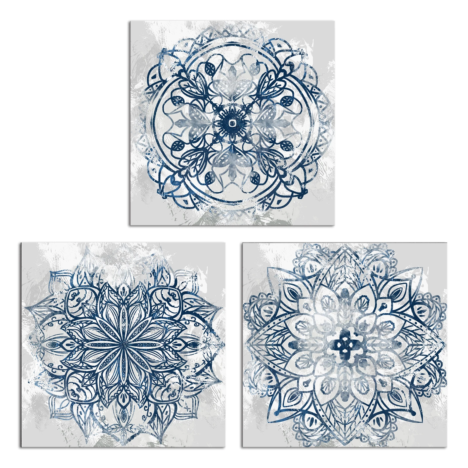 

3 Pieces Blue Mandala Flowers Home Decor Canvas Painting Boho Floral Poster Print Modern Style Picture Living Room Wall Art