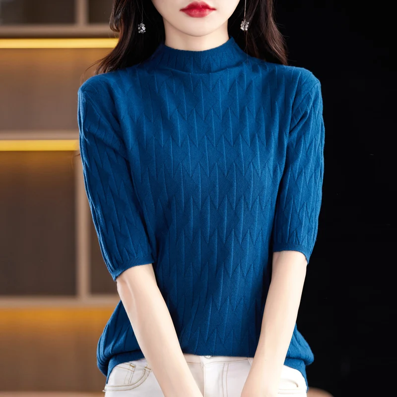 

Spring and Autumn New Knitted Shirt Women's Half High Neck Middle Sleeve Sleeve Cover Loose Solid Color Printed Simple Knitted S