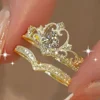 2PCS Fairy Sparkling Crown Rings for Women Teen Crystal Korean Adjustable Silvery Anniversary Gift Party Queen Ring Set Jewelry 2