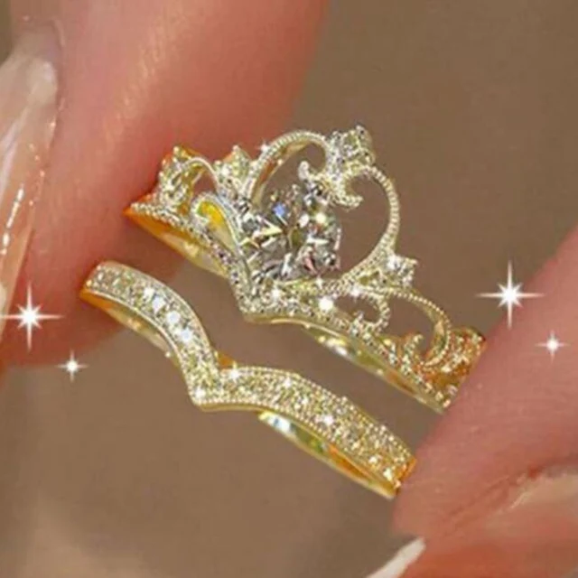 2PCS Fairy Sparkling Crown Rings for Women Teen Crystal Korean Adjustable Silvery Anniversary Gift Party Queen Ring Set Jewelry 2