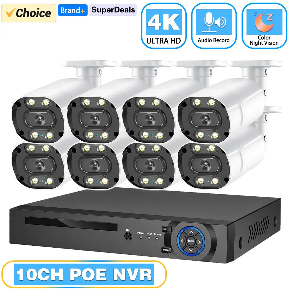 8MP 10CH 4K 보안 카메라 시스템 POE 양방향 오디오 오디오 불릿 야외..