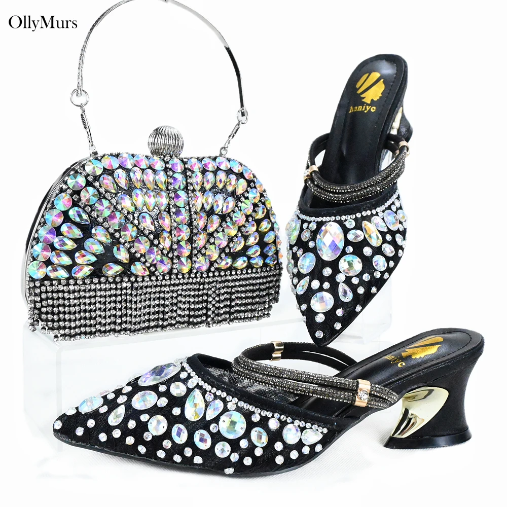 

African Style Rhinestone Black Color Shoes And Bag Set Italian Design Woman High Heels Shoes And Bag Set For Wedding Dress