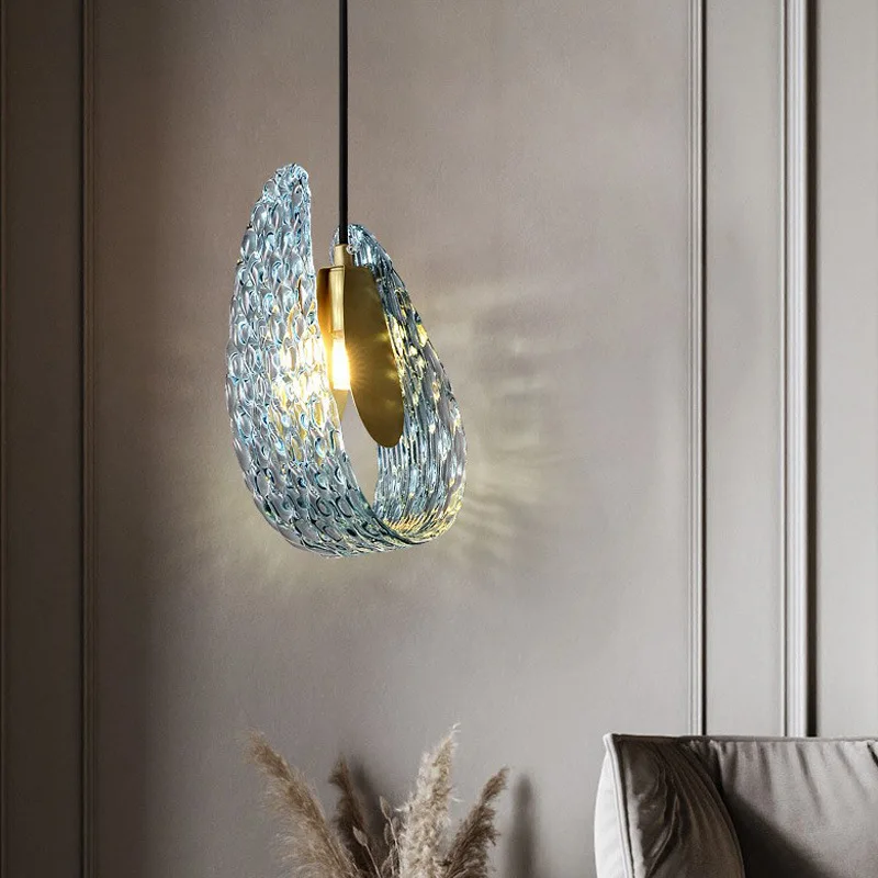 

Art Deco Blue Glass Pendant Lights Drop Shipping G9 Bulb Bedside Dining Room Hanging Lamp Gold Metal Cord Adjustable