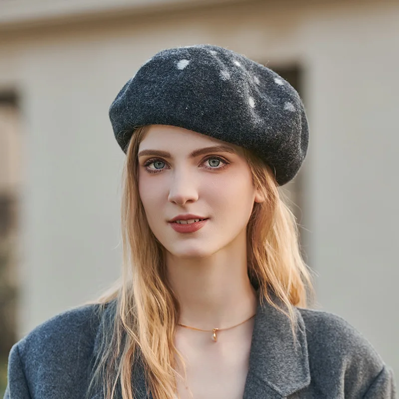 

Elegant Women Girls Berets Cap French Artist Warm Woolen Winter Beanie Hat Black Vintage Beret Cashmere Hat Polka Dots Wool Cap