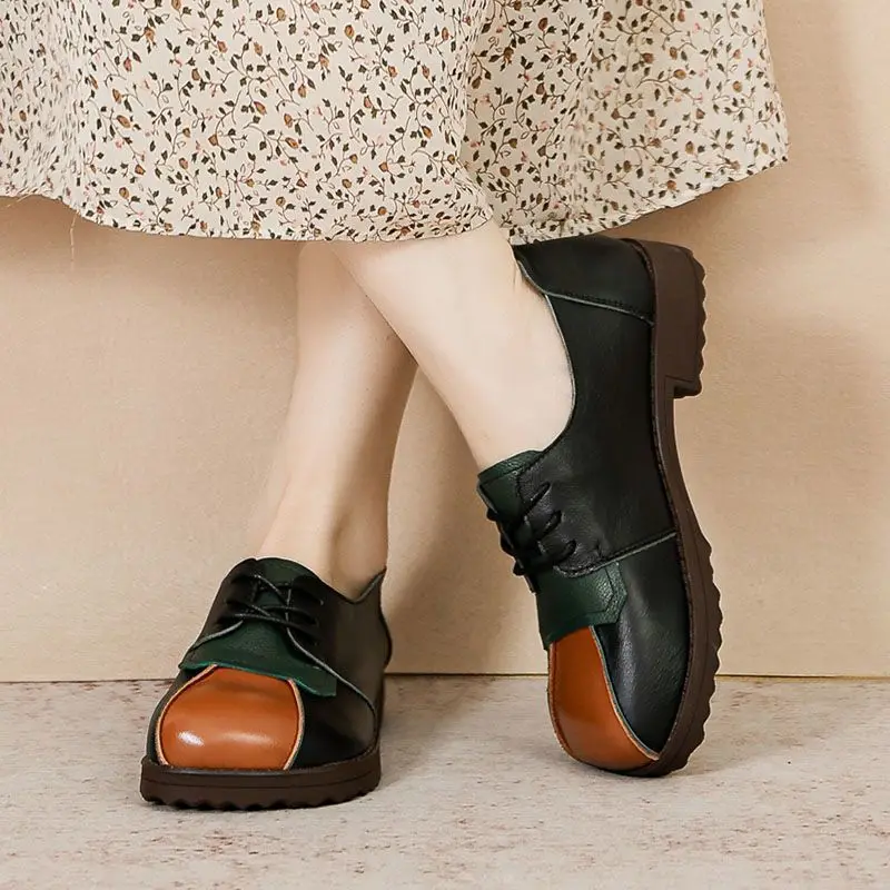 Genuine Leather Ballet Flats Women's Laced Up Oxords Shoes Vintage Low Heel Brogues Loafers women oxford shoes