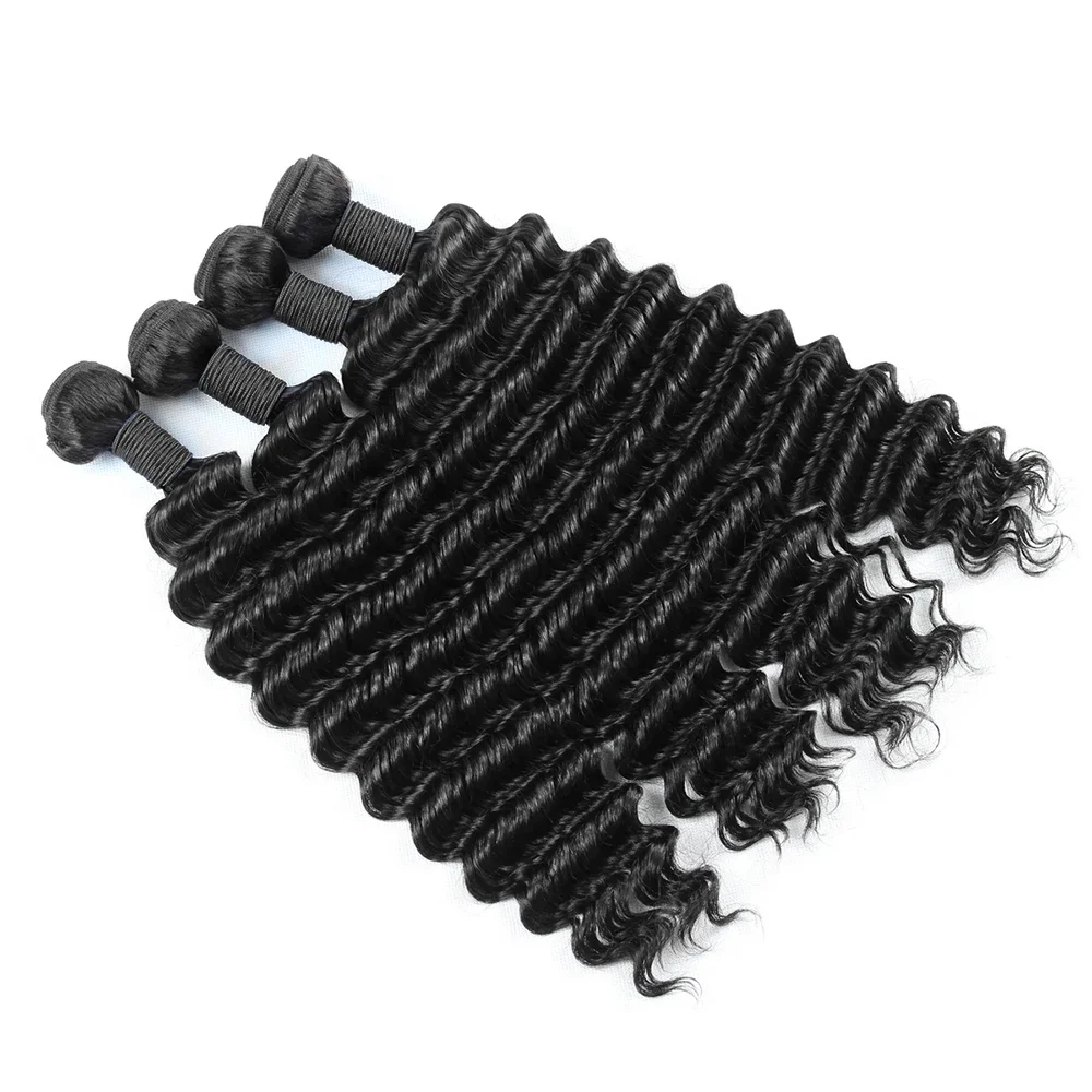 40Inches Deep Wave Hair Bundles Natural Black Colored 1/3/4 Pcs Long Human Hair Extensions Remy Brazilian Hair Bundles For Women 3