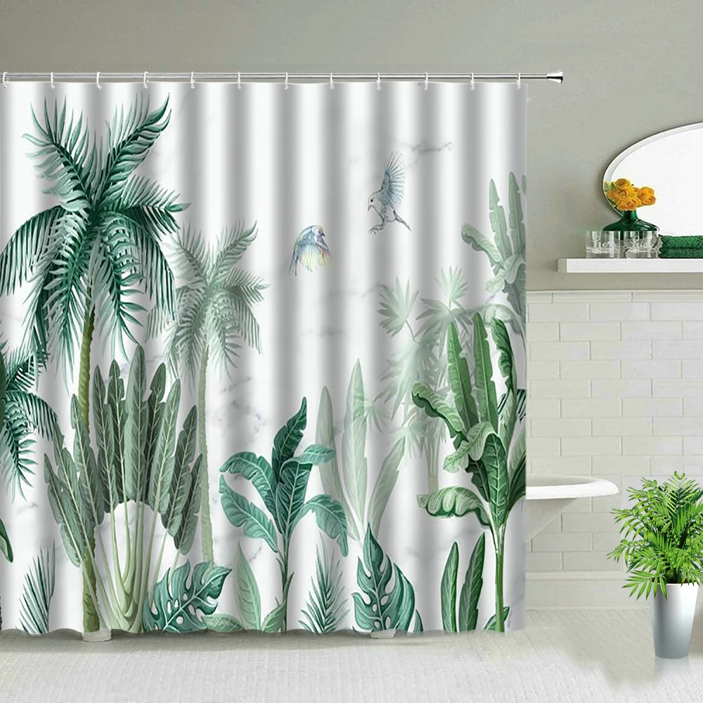 Palm Trees Shower Curtains ATropical Green Plant Leaves Bird Flower Leaf  Flamingos Decors Bathroom Curtain Bath Accessies Set - AliExpress