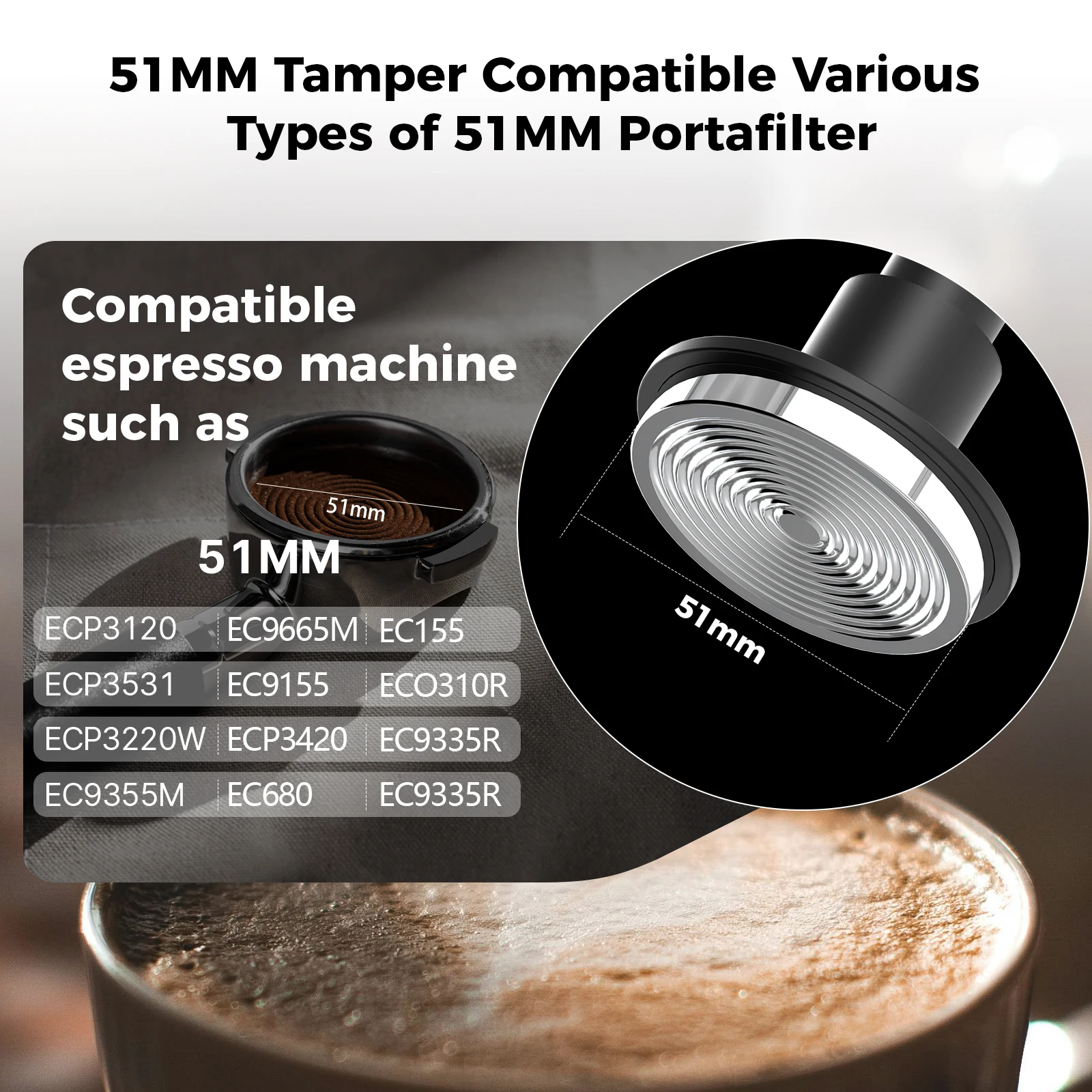 Pressino Calibrato A Molla V5 Per Espresso 51 Mm | Base Ondulata Acciaio Inox, Manico Noce | Per DeLonghi, La Pavoni