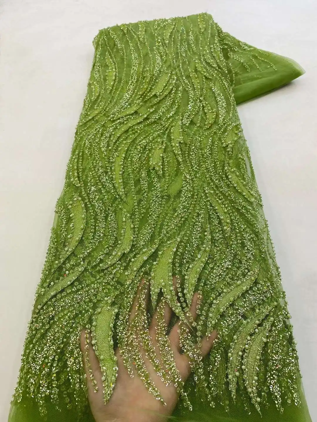 

Красивая африканская кружевная ткань ручной работы с бисером, новая вышивка, 5 ярдов, Сетчатое кружево в нигерийском стиле, роскошное свадебное платье