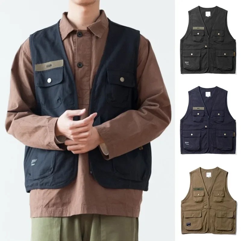 Mens Harajuku Style Vest Jacket Solid Color Loose Casual Multi-pocket Sleeveless Vest Fishing Hunting Photography Work Waistcoat
