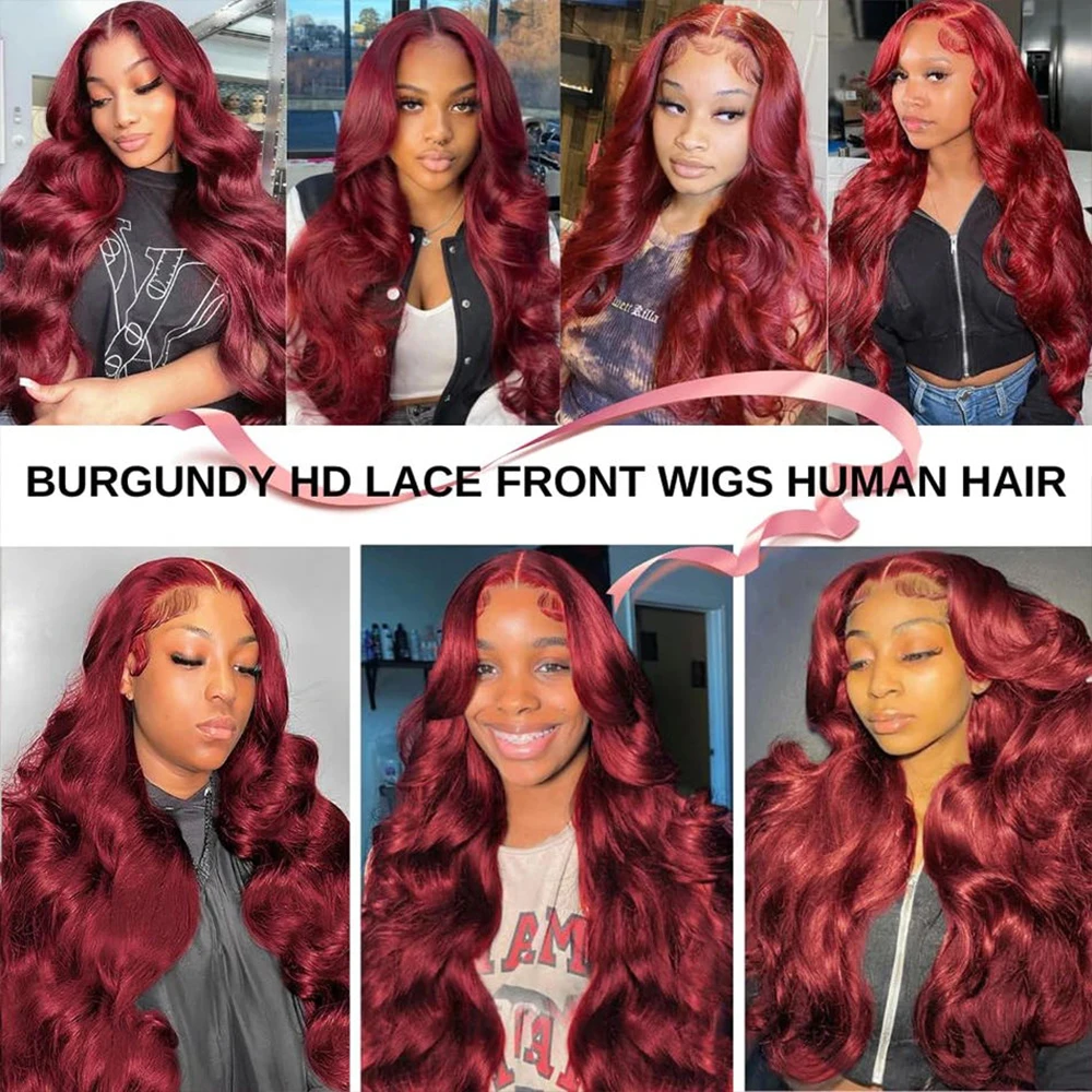 99J Burgundy Body Wave Wigs Front Wig Human Hair Wigs 13x6 HD Lace Frontal Wigs Human Hair Pre Plucked 220 Density Wig For Women