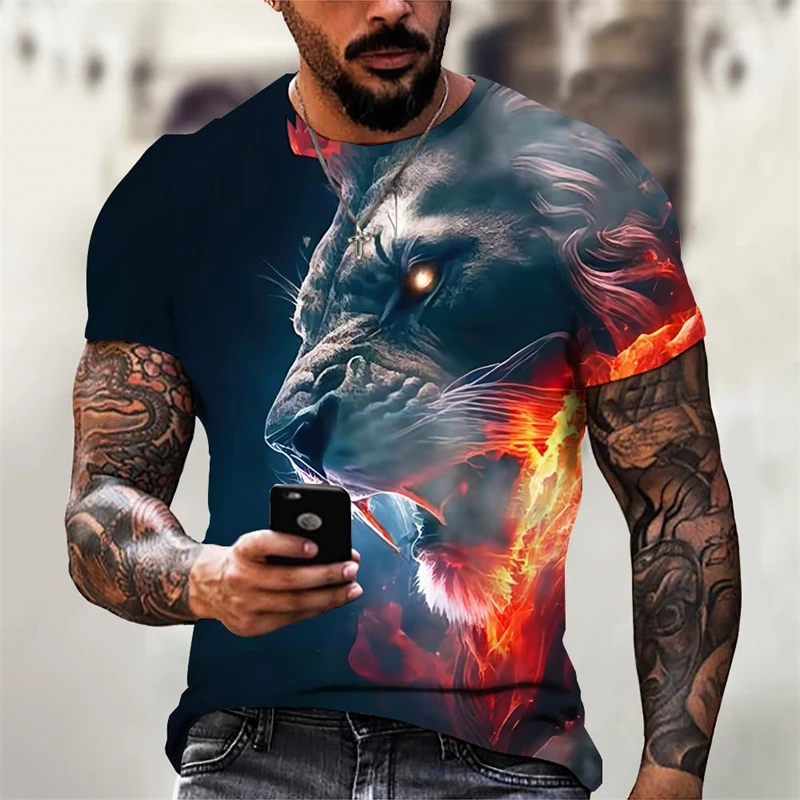 

New 2024 Hot 3D digital print Fashion Lion Tiger 2 pattern Outdoor Fitness sports men's short sleeve T-shirt new design