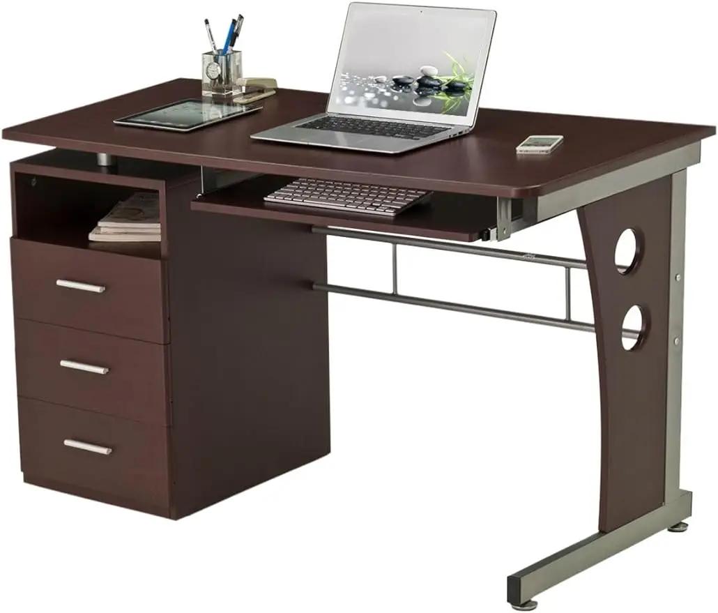 Computer Desk with Ample Storage, Home Office Desks with Drawers, Chocolate, 30