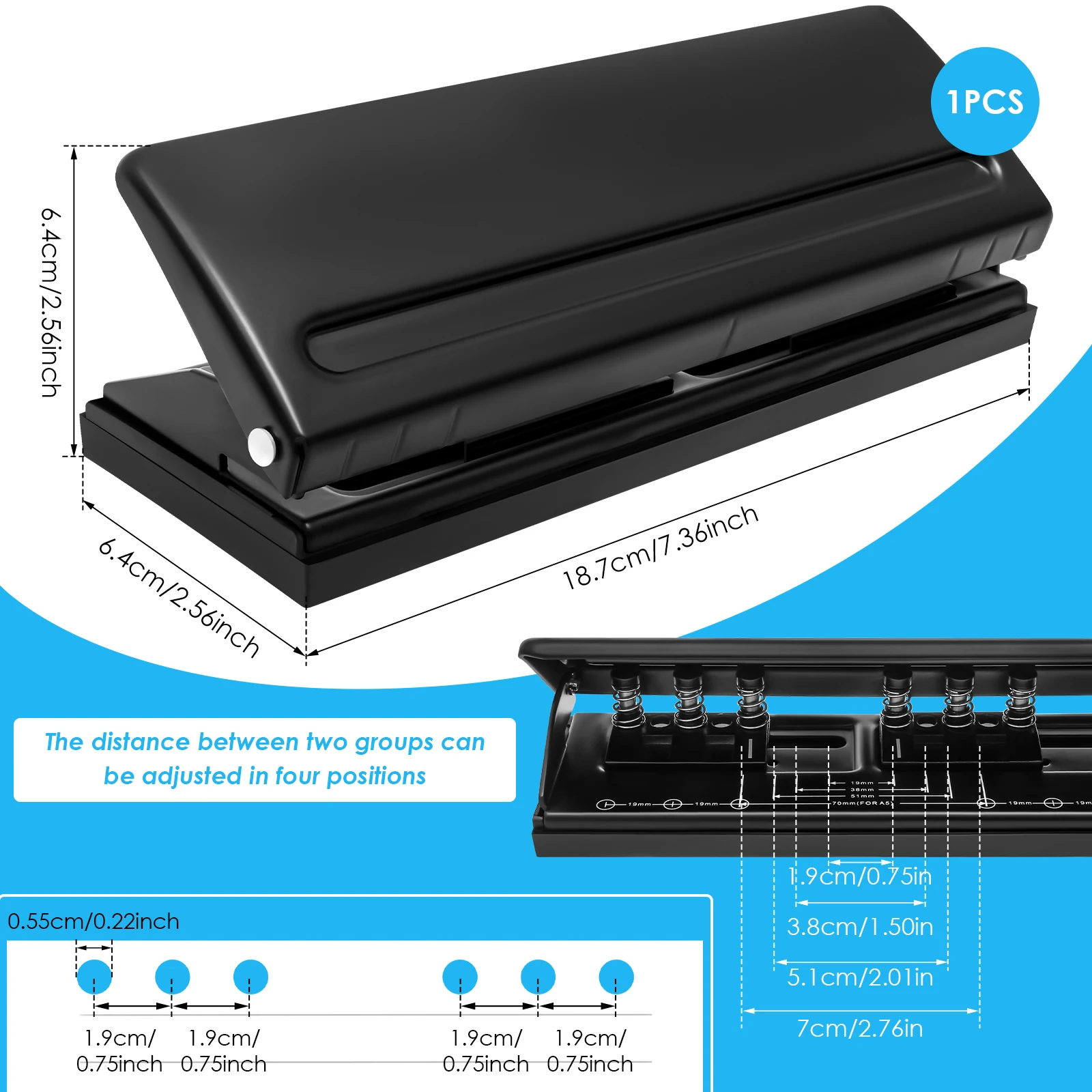 Metal Adjustable 6 Hole Paper Puncher for Notebooks and Planners