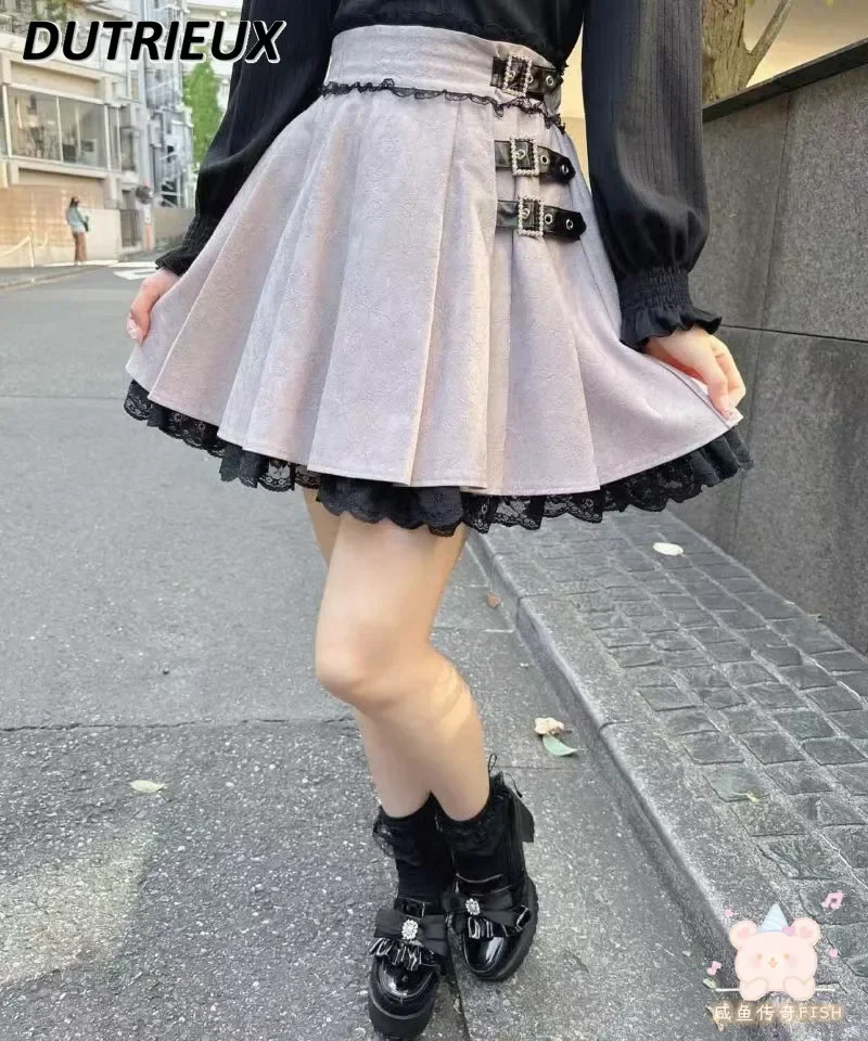 

Rojita Skirts Three Leather Ring Lace Stitching Mine Series Sweet Lolita Skirt Autumn New Ruffled Pleated Skirt for Students