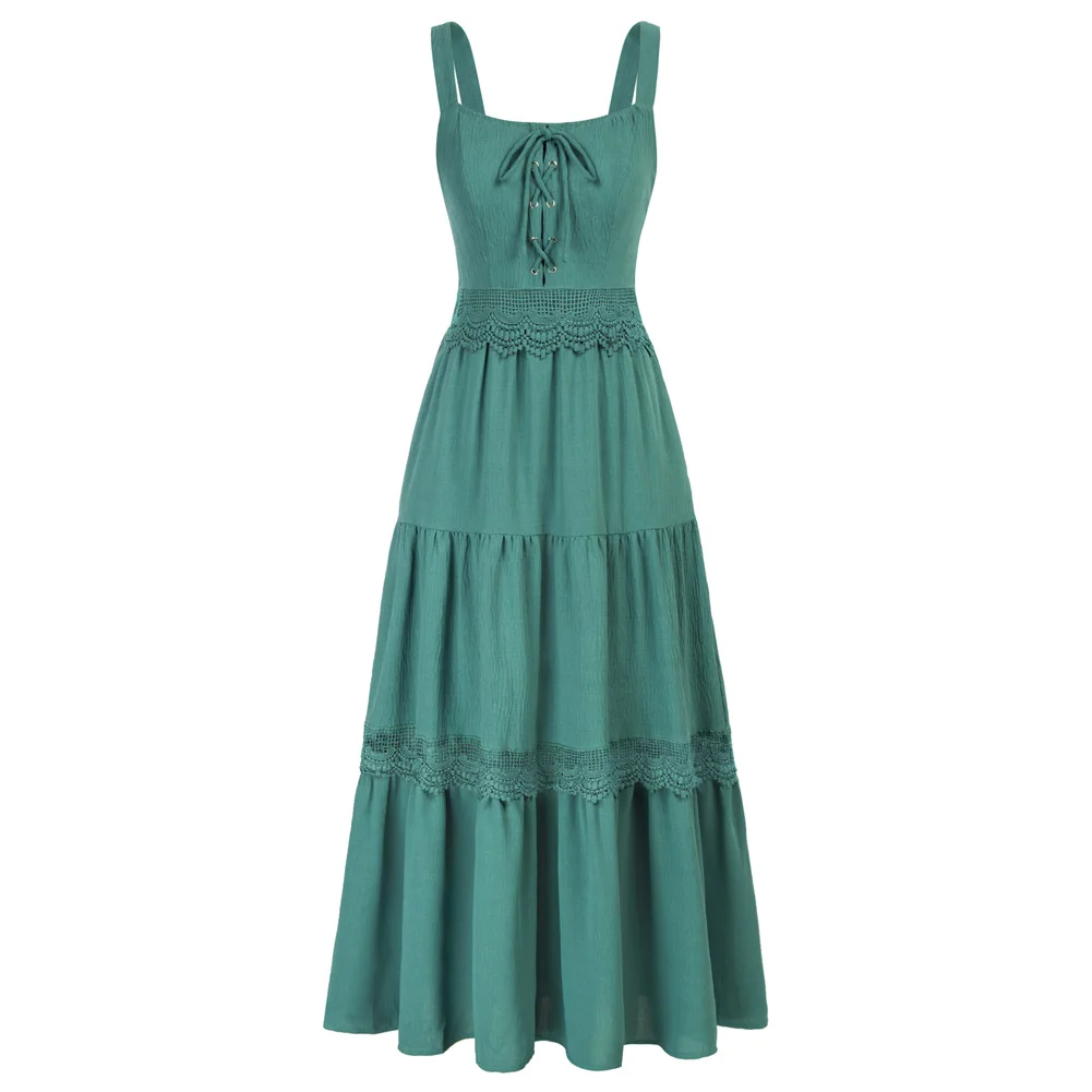 

SD Women Dress Vintage Renaissance Hollowed-Out Waist Dress Square Neck Tiered Maxi Dress Slim Fit Boho Dress Summer Dresses