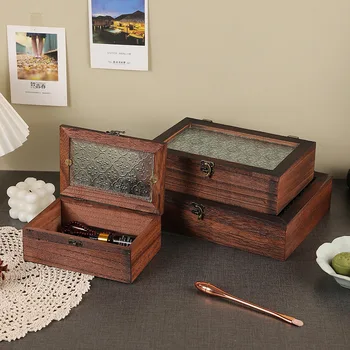 Retro Wood Storage Box with Glass Lid 1