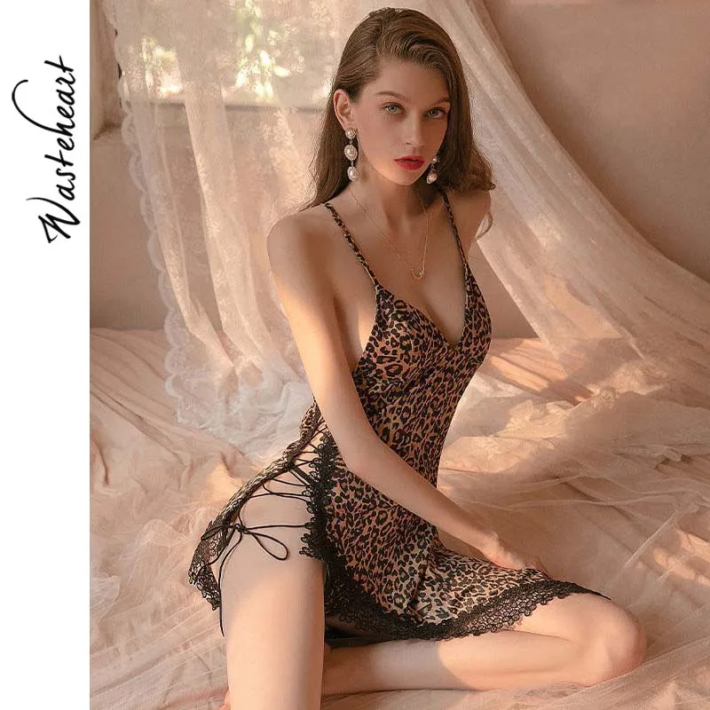 

Wasteheart Summer New Women Fashion Sexy Nightdress Nightwear Sleepwear Sleep Night Dress Gown Leopard Nightgown Homewear