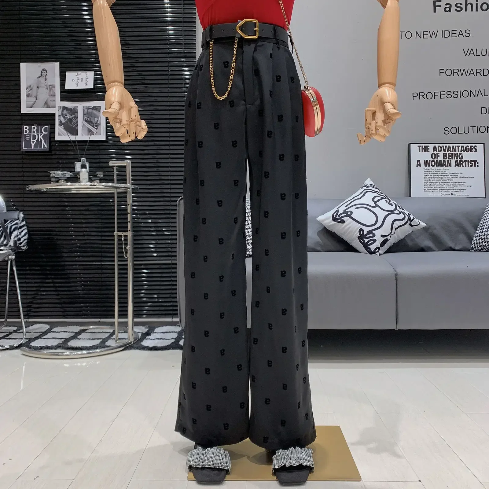 2024 New Alphabet Diamond Gold Wide Leg Pants Autumn/Winter Draping Loose Fit Large Size High Waist Slimming Casual Long Pants
