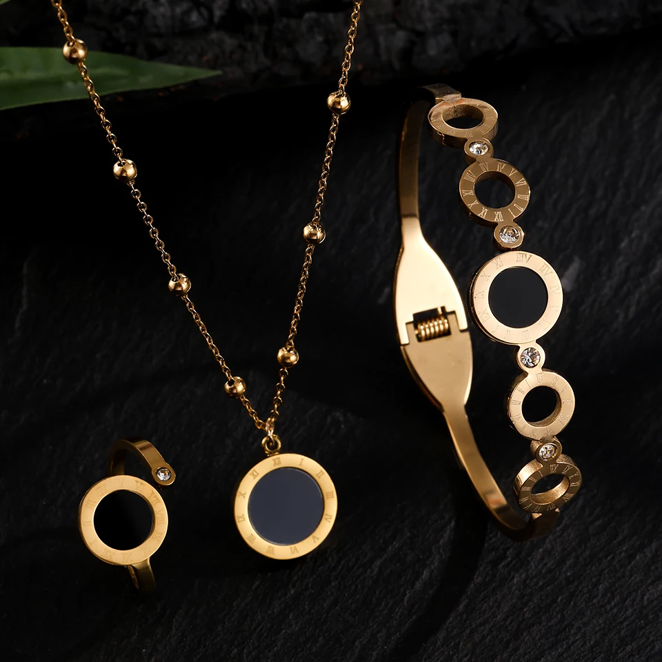 ZAKOL 3Pcs Fashion Roman Numerals Bracelet Ring Necklace Sets for Women Black Shell Hollow Circle Inlaid Zircon Jewelry Gift 6