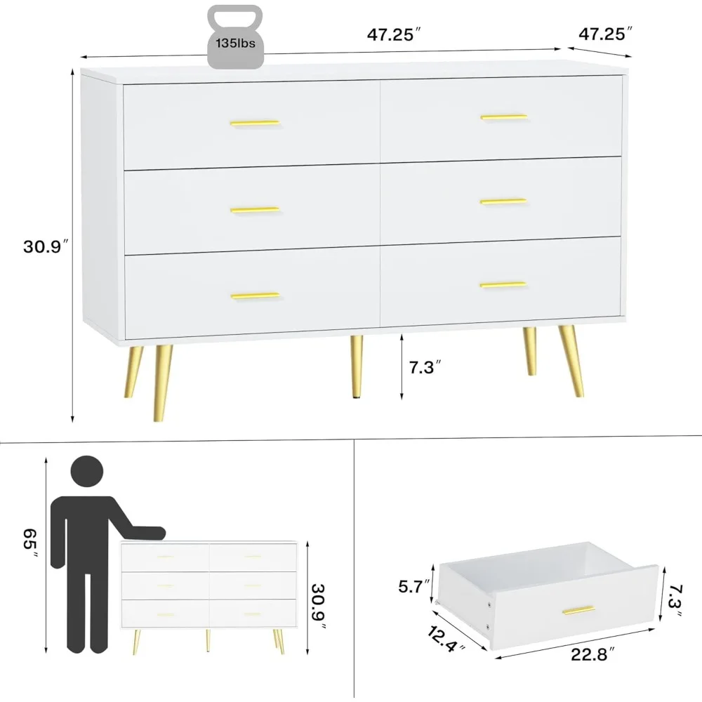 6 Drawer Dresser for Bedroom, Wooden Double Dresser with Gold Handles, Modern Chest Dresser with Deep Drawers for Living Room 2