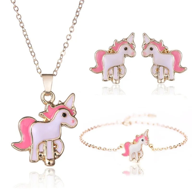 4 in 1 Earring and Necklace Set Cartoon Unicorn Jewelry Pink Girls Xmas Gift jewelry sets jewelry set women earrings chain necklace