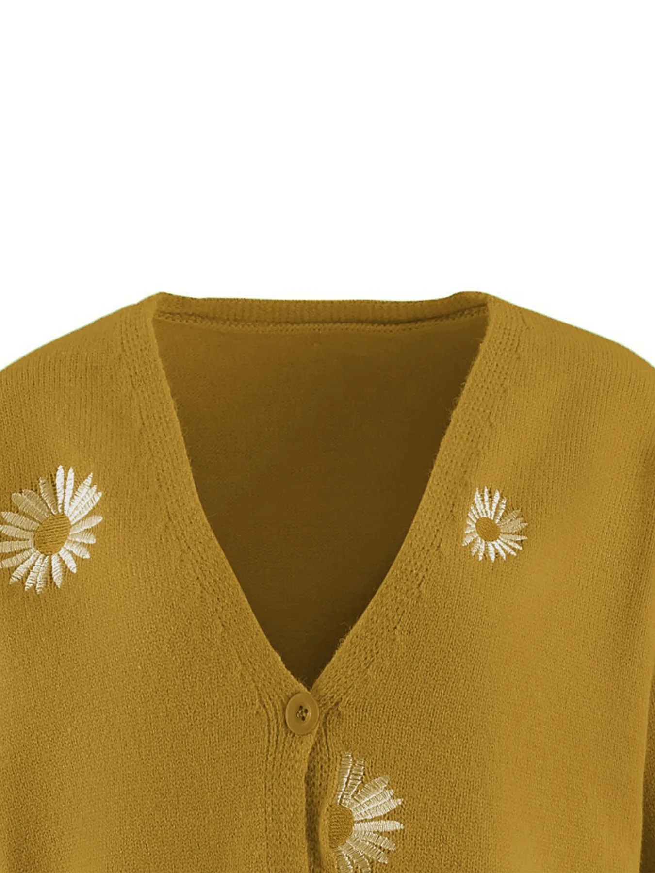 Women's Mustard Yellow Daisy Embroidered V-Neck Knit Cardigan Casual Oversized Long Sleeve Outerwear 2