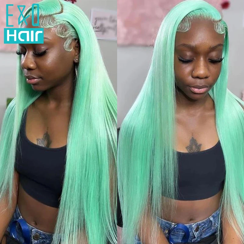 

Green Colored Straight 13x4 HD Transparent pLace Front Human Hair Wig With Baby Hair Brazilian Preplucked Frontal Wigs For Woman