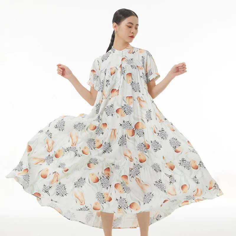 

Johnature 2023 Summer Mori Japanese Short-sleeved Long Dresses New Women Loose Floral Vintage Casaul Short Sleeve Print Dresses