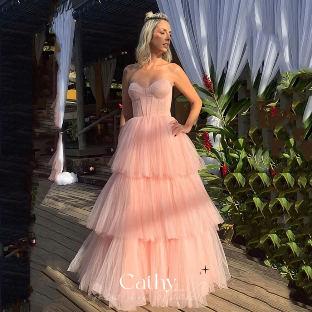 

Cathy Elegant Baby Pink Prom Dress 2023 Multilayer Tulle Evening Dress Sexy Sleeveless فستان سهرة Princess Sweet Party Dresses