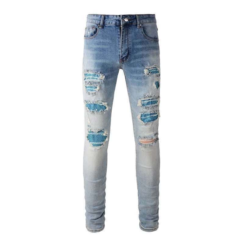 

High Street wear Holes With Light Blue Crystals Patchwork High Stretch Slim Fit Rhinestones Patches Distressed Ripped Jeans Men