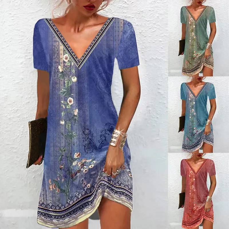 

Women 2023 Summer Vintage V Neck Floral Print Dress Casual Loose Short Sleeve Elegant Beach Vestidos