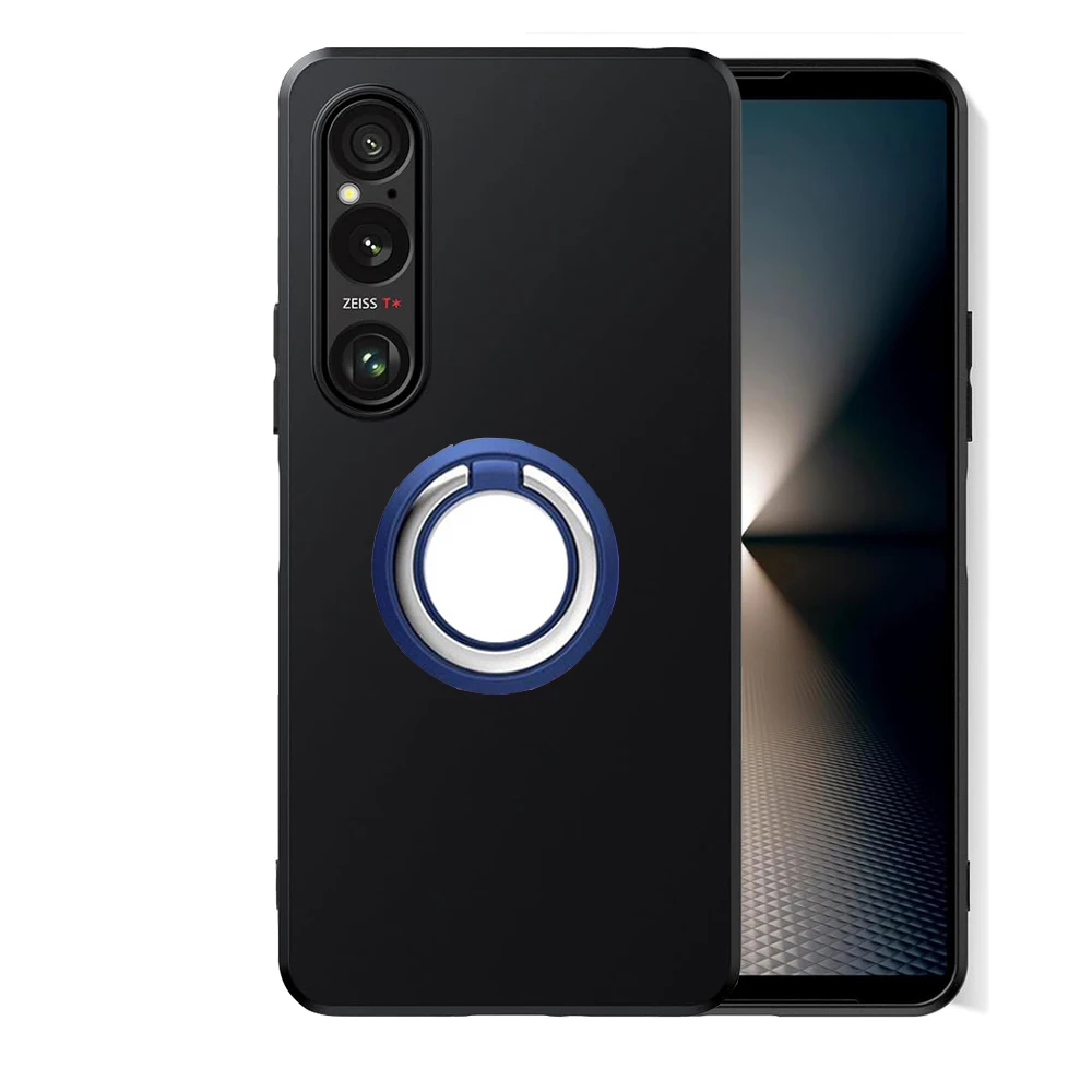 Black Matte Shockproof Kickstand Ring Holder Case - Soft TPU Cover
