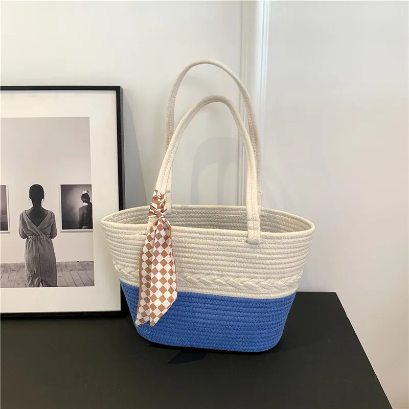 Cross-border Large-capacity Cotton Knitted New Color-blocked Shoulder Bag Vacation Beach Bag Vacation Straw Shoulder Bag