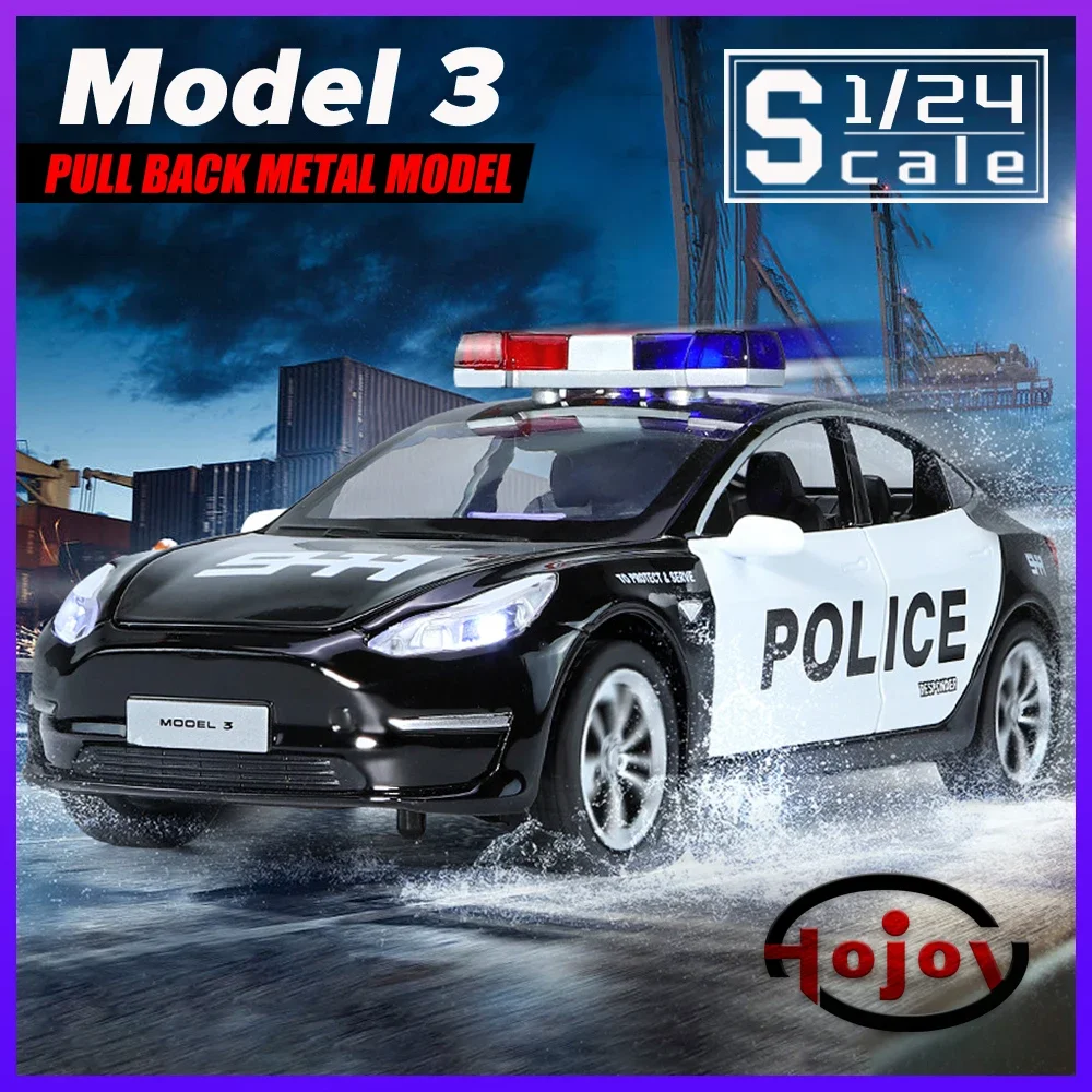 

Metal Cars Toys Scale 1/24 Tesla Model 3 Police Diecast Alloy Car Model for Boys Children Kids Toy Vehicles Sound and Light