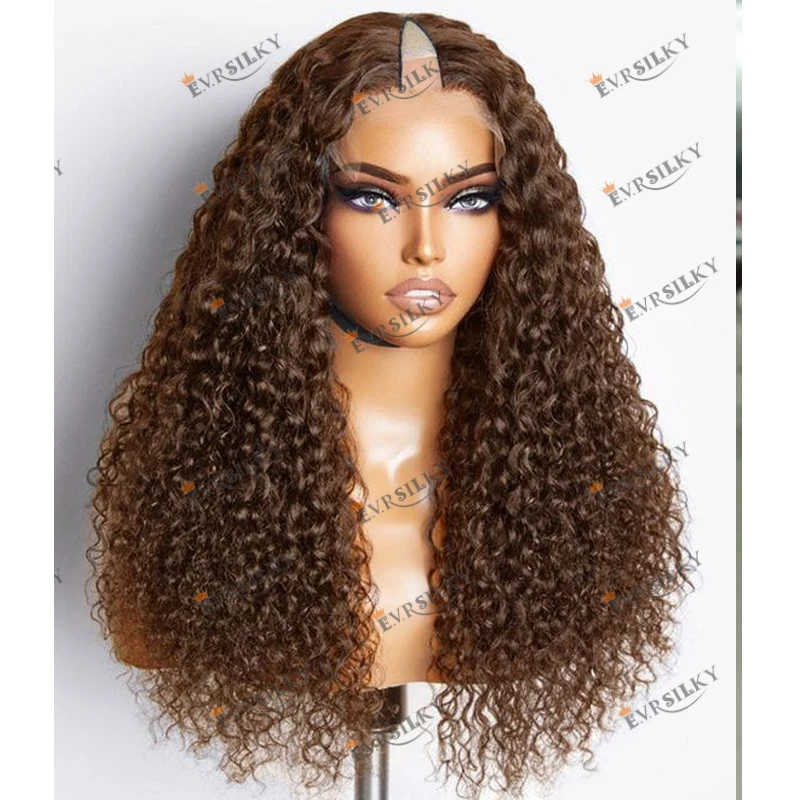 

Long Kinky Curly Honey Caramel Brown Blonde Human Hair Full Machine Made V Part Wigs with Clips Glueless Ombre Adjustable Wigs