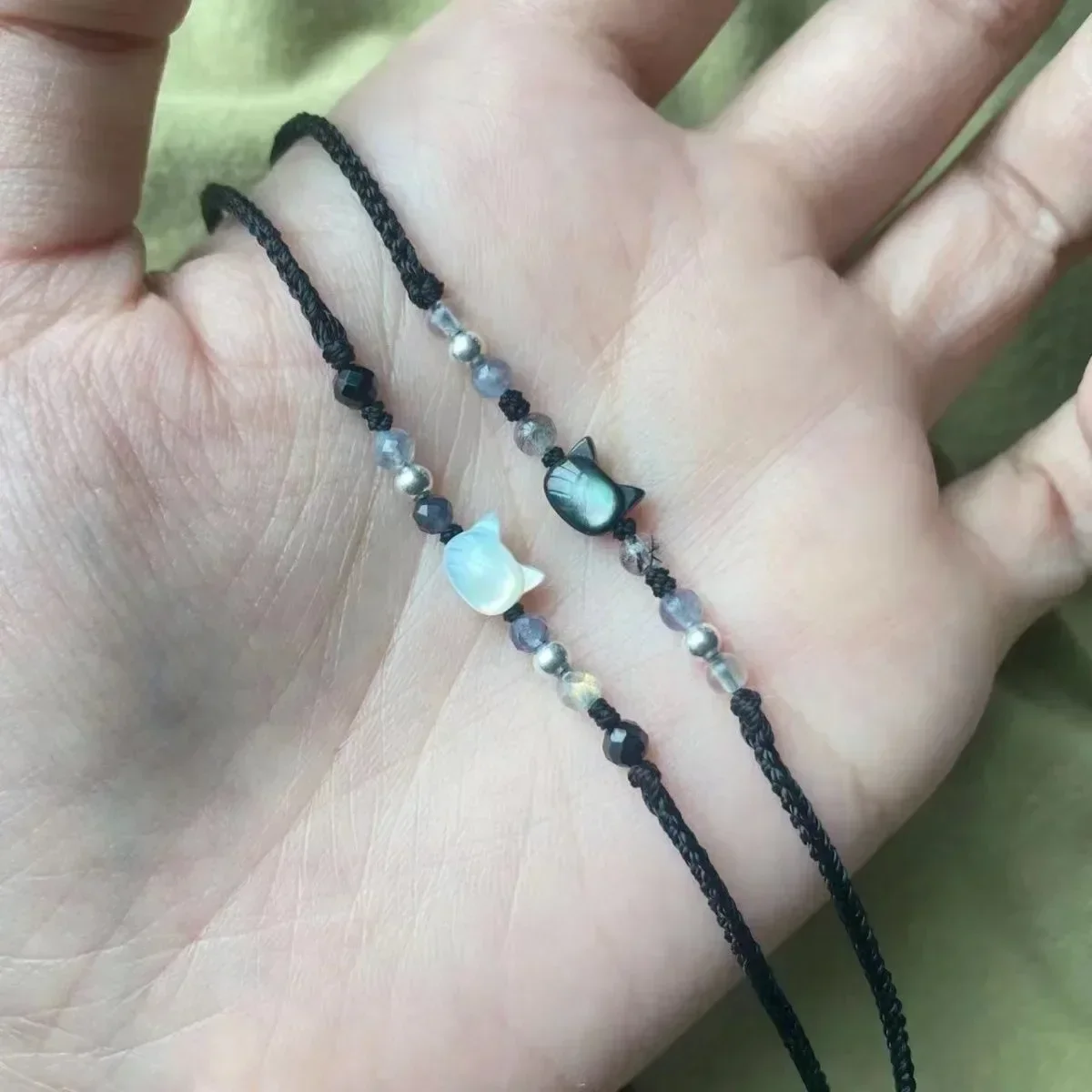 Couples Minimalist Bracelets - 2pcs Natural Moonstone Obsidian  Cat Jewelry Gifts