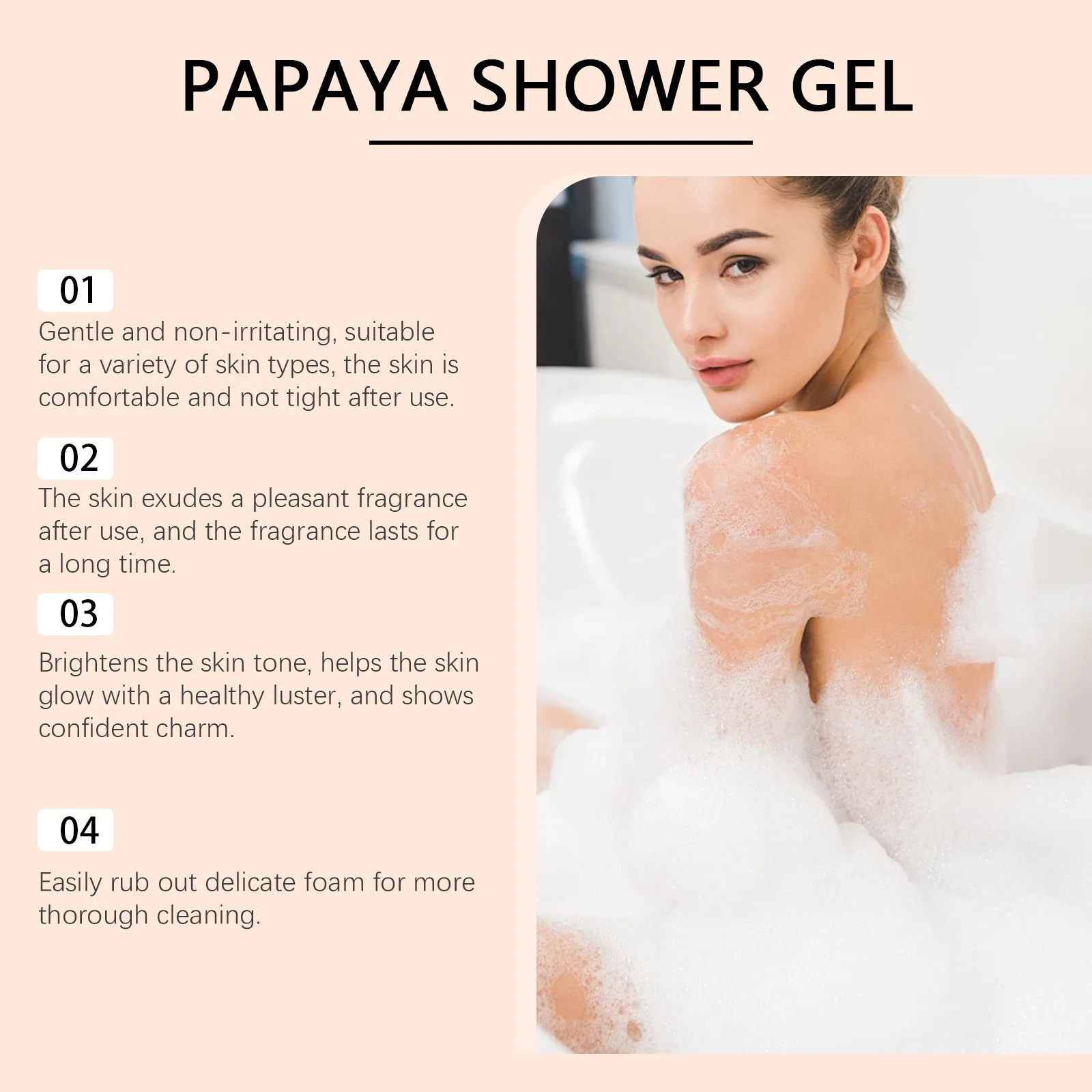 Papaya Gel doccia Detergente Sbiancante Levigante Dissolvenza Pigmentazione Rimuovi sporco Aroma duraturo Idratare Aggiorna Schiuma ricca Lavaggio del corpo 5