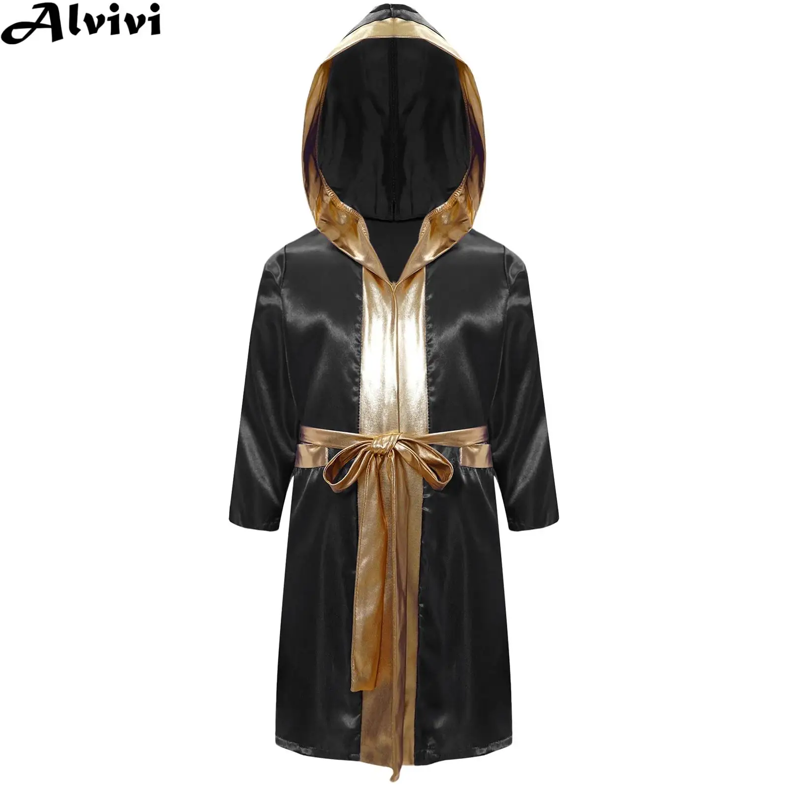 Kids Boys Boxing Robe Long Sleeve Metallic Satin Cardigan Hooded Cloak with Belt Halloween Theme Party Boxer Cosplay Costume