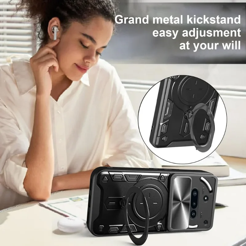 Sliding Lens Back Case with Magnetic Stand Holder - Durable Protective Hard Cover