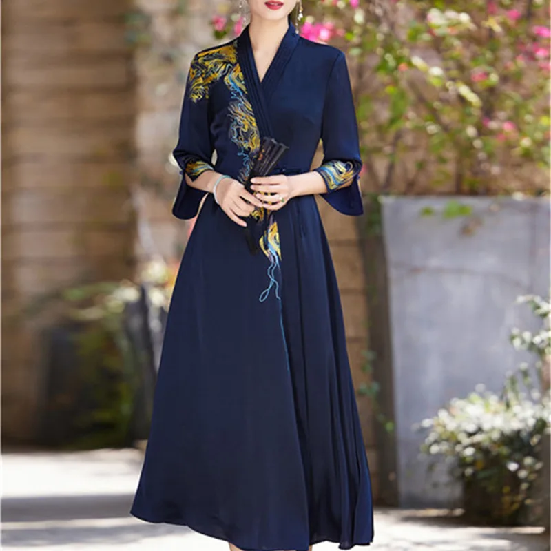 

Женское атласное платье с поясом, элегантное ТРАПЕЦИЕВИДНОЕ ПЛАТЬЕ с вышивкой и рукавом 3/4 в стиле ретро, весна-лето