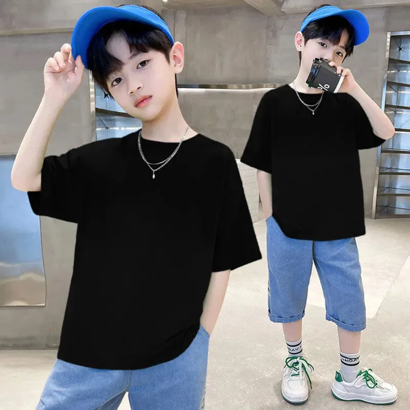 100% Cotton 180gsm Fabric Children Boy Girl T shirt 2025 New Summer Women Short Sleeve T-Shirt Cute Style White Solid Color Tops 2