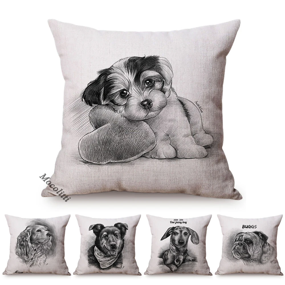Nordic Sketch Pet Portrait Art Chair Decorative Cushion Cover Cute Puppy Cat Dog Style Cotton Linen Car Sofa Throw Pillow Cases |