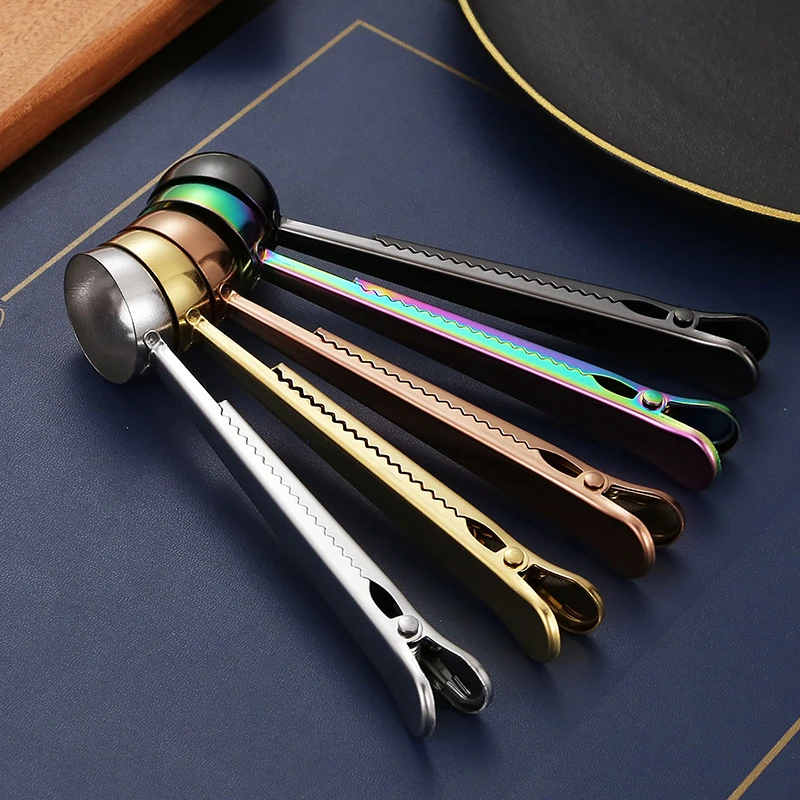 5Pcs Stainless Steel Sealing Clip Measuring Scoop Spoon Teaspoon Coffee Powder Spice Measure Kitchen Accessories