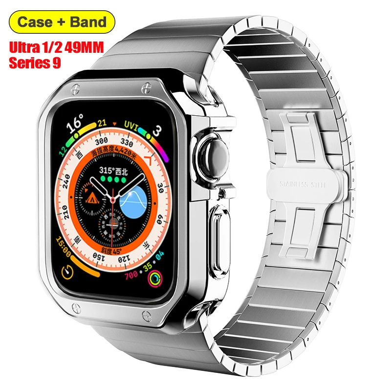 

Metal Band+TPU Case for Apple Watch Ultra 2 49mm Strap 41mm 45mm 40mm 44mm Stainless Steel Bracelet Series 9 8 7 6 SE 5 4 42mm