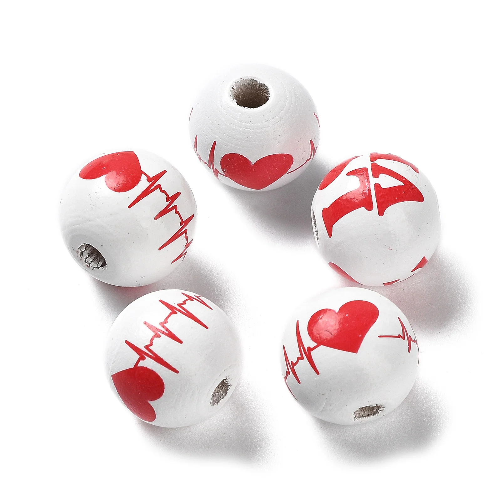 200pcs Valentine's Day Theme Wood Beads Heart Shape Printed  Round Wooden Loose Beads for DIY Jewerly Accessories Decorate
